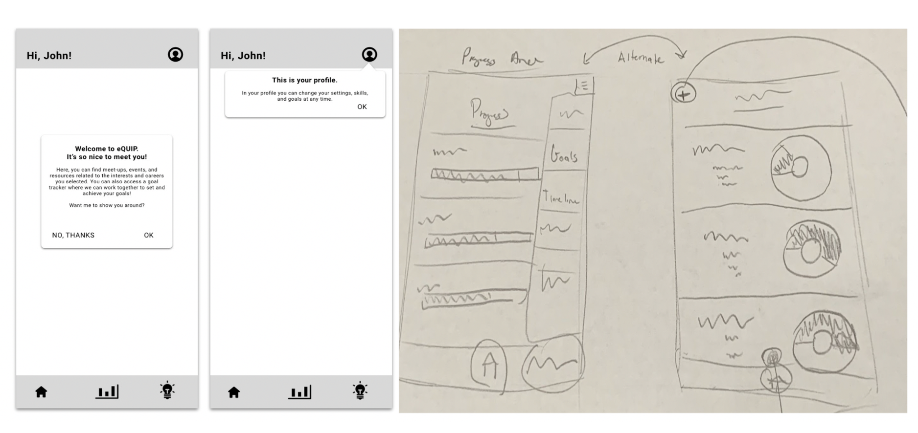 Early sketches and lo-fi prototype screens